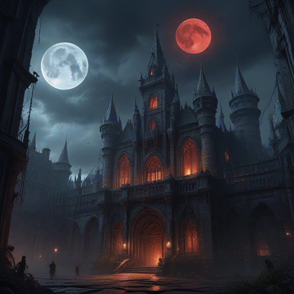 Dark Fantasy Concept Art of a Gothic Castle with Two Moons