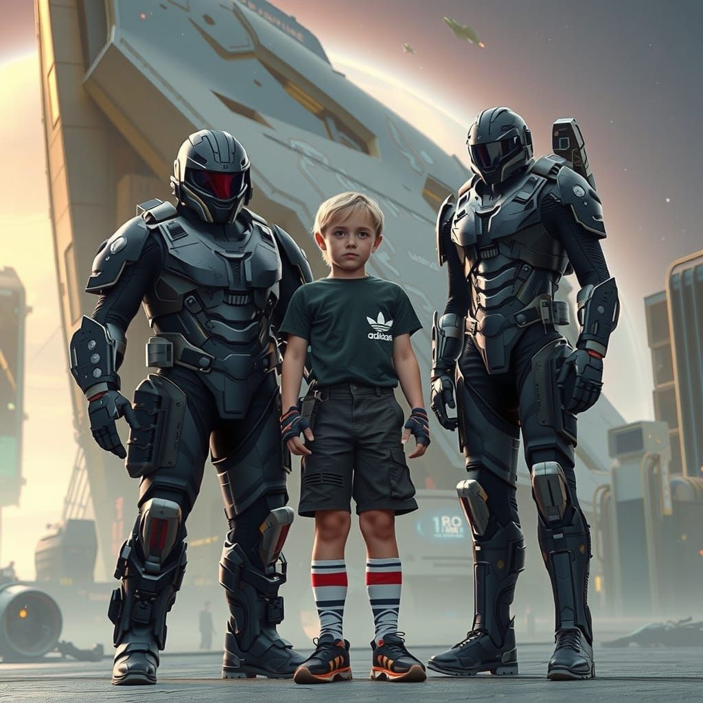 Boy and Supersoldier in Cyberpunk Dystopia