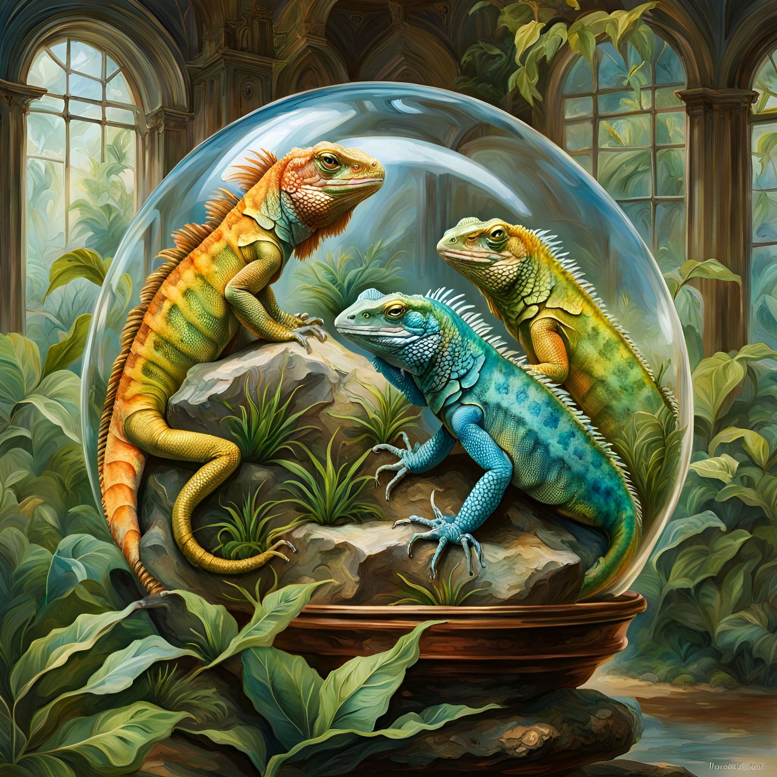 Iguanas in Glass Terrarium: Hyperrealistic Watercolor Art