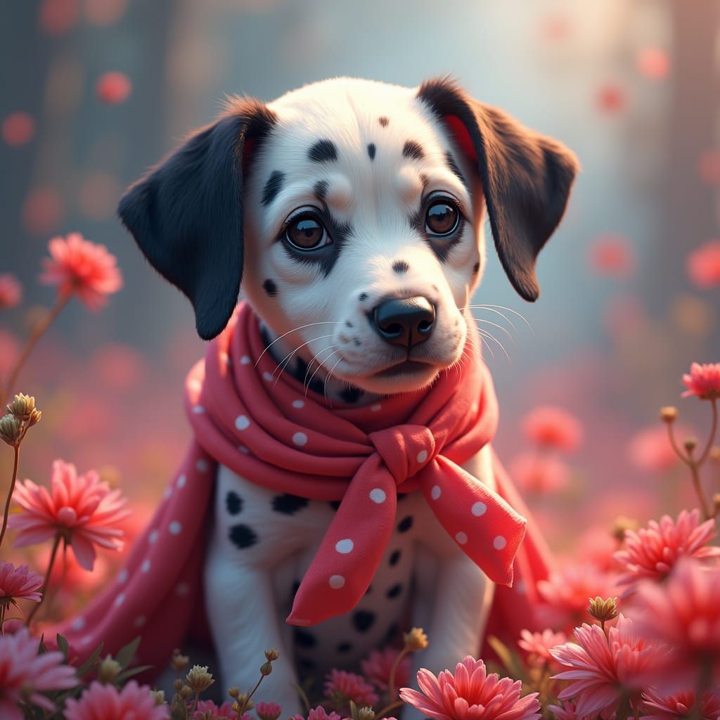 Dalmatian Puppy Wrapped in Ribbons: Dreamlike Digital Art