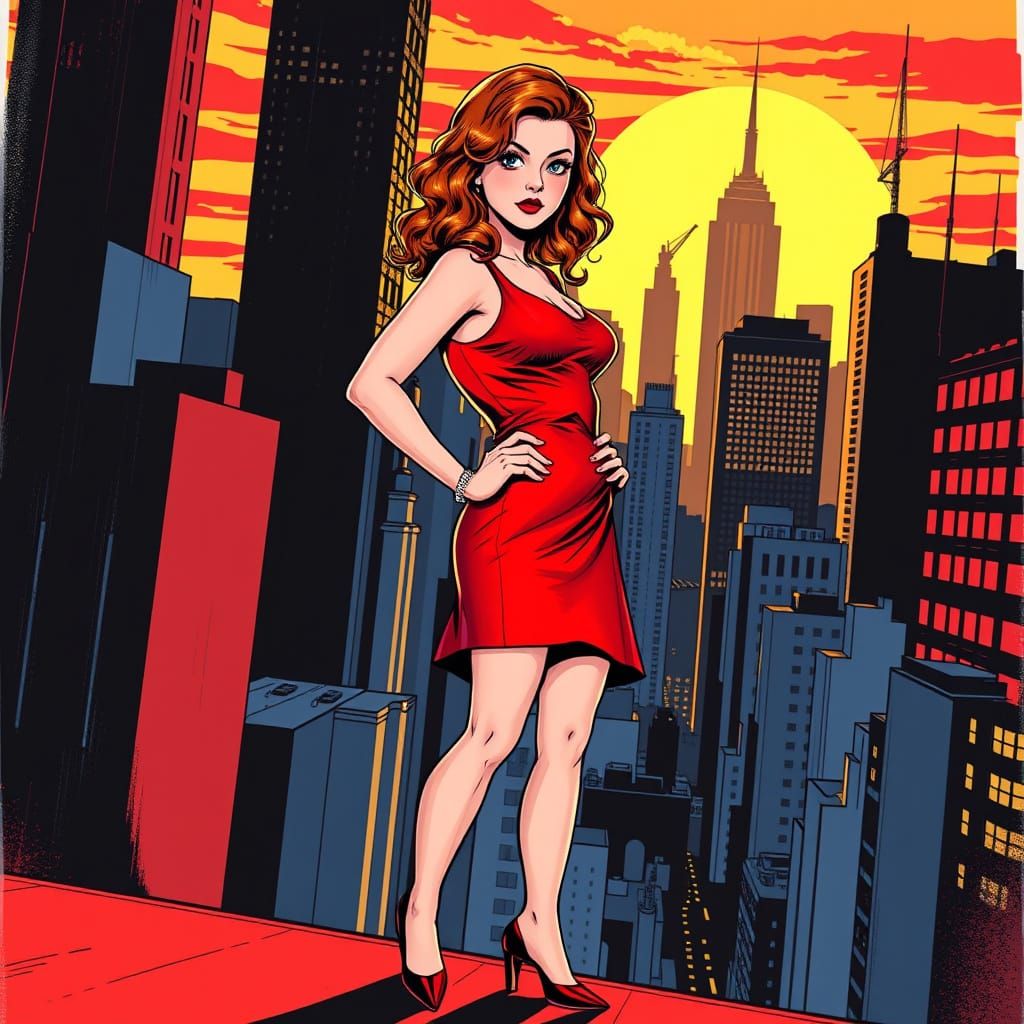 Mary Jane Watson in a Dynamic Cityscape Comic Book Art
