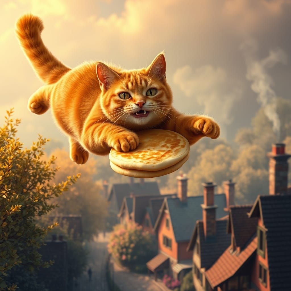 Gigantic Ginger Cat Soars Through Whimsical Village