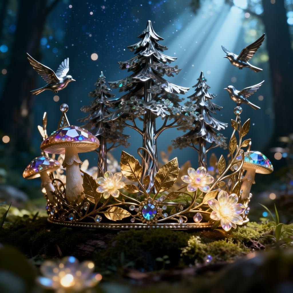 Intricate Metal Forest Crown with Gemstone Mushrooms