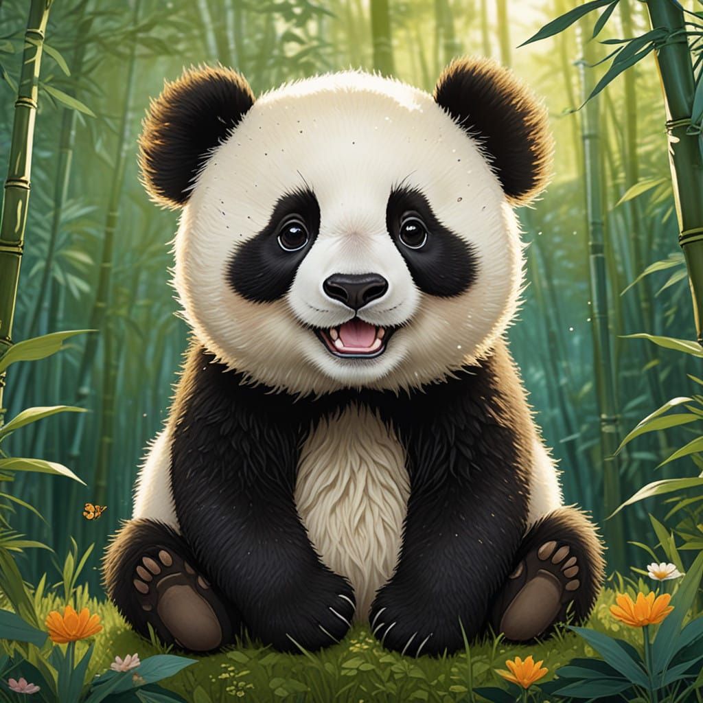 Whimsical Panda Bear in Enchanted Forest