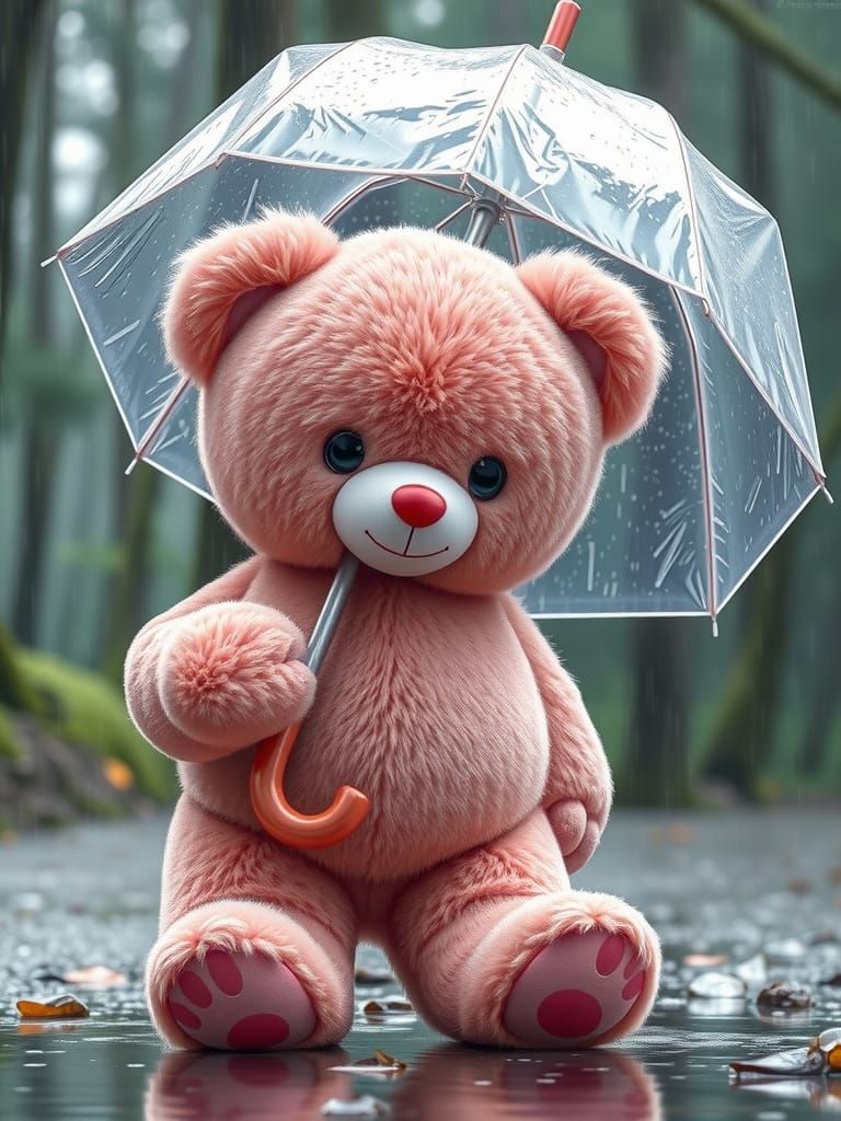 Kawaii Pink Teddy Bear with Umbrella on Rainy Day