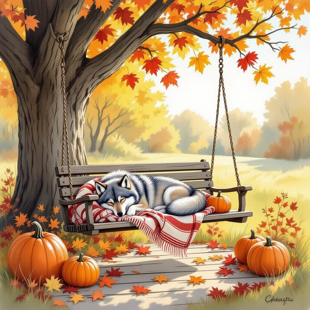 Autumn Porch Swing with Sleeping Wolf and Pumpkins in Gouach...