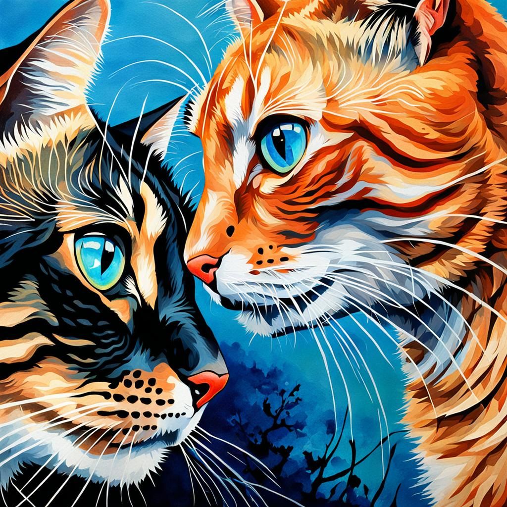 Orange Tabby and Black Cat Portrait in Poster Art