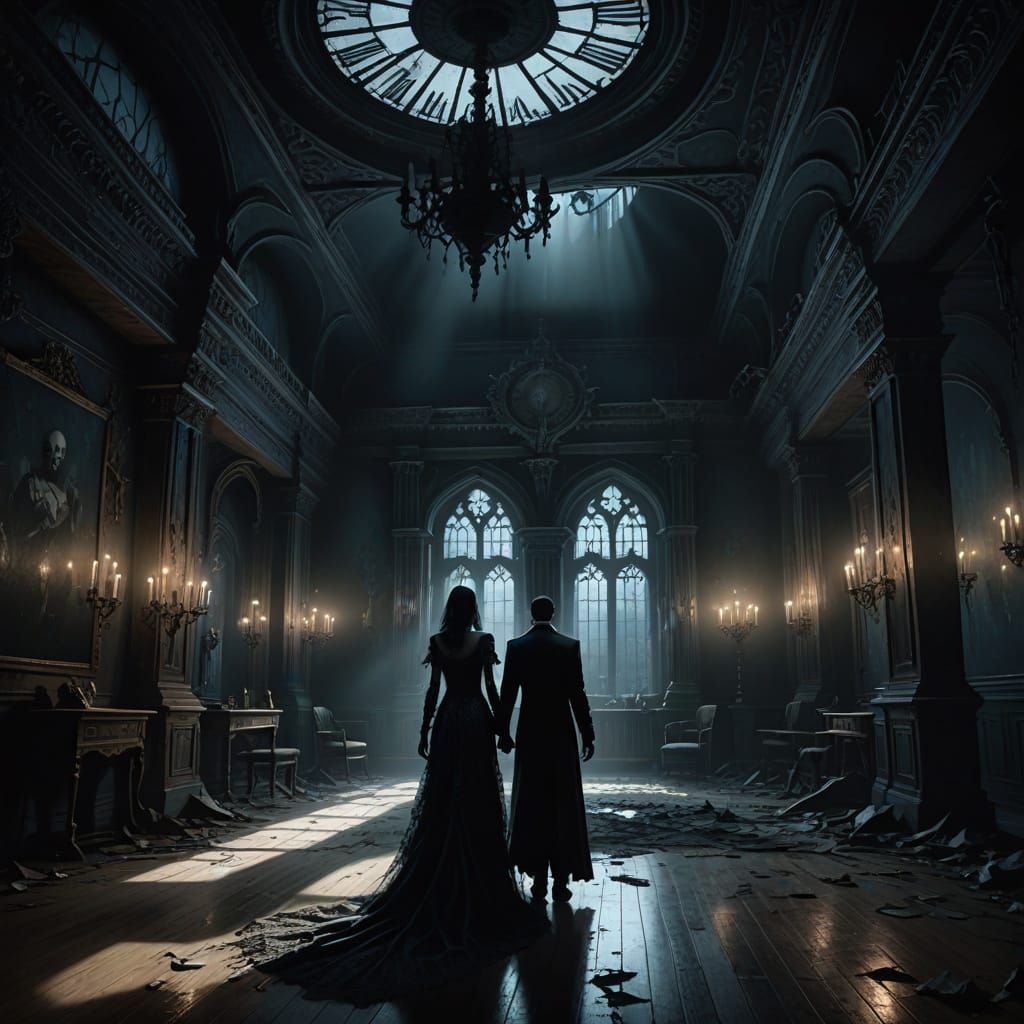 Ghostly Ballroom Dance at Midnight in Surreal Style