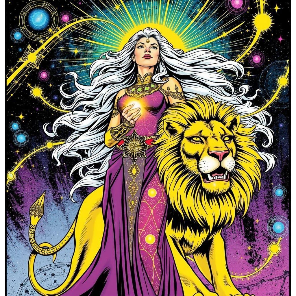 Cosmic Heroine Tames Glowing Lion in Vibrant Mid-Century Com...