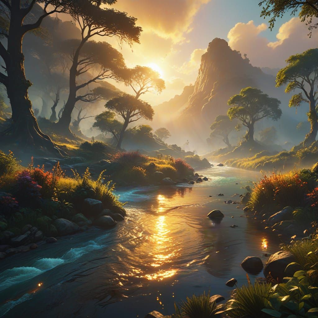 Rivers Meet in Fantastical Oil Painting
