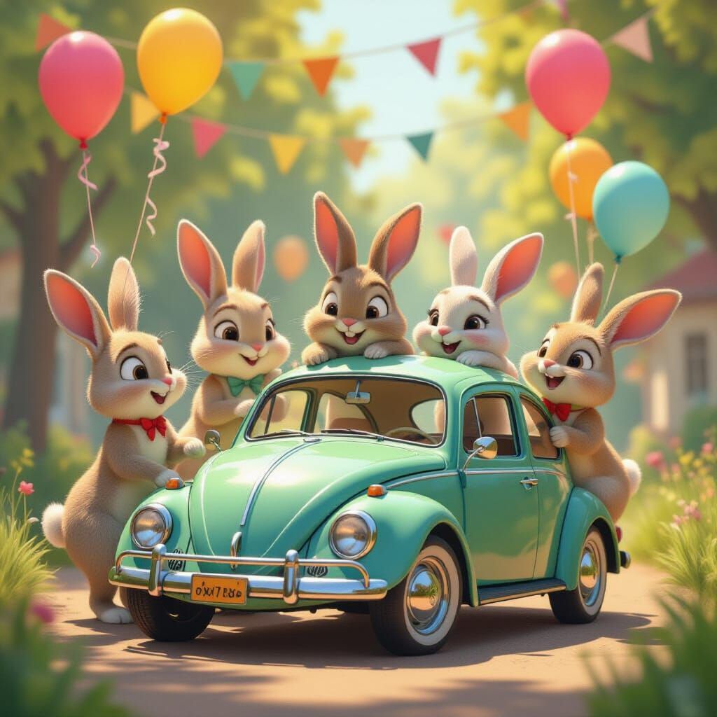 Rabbits Celebrate Joyous Occasion Around Vintage VW Beetle