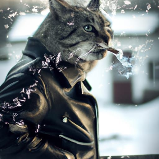 Cat Smoking in Leather Jacket, Detailed Photography