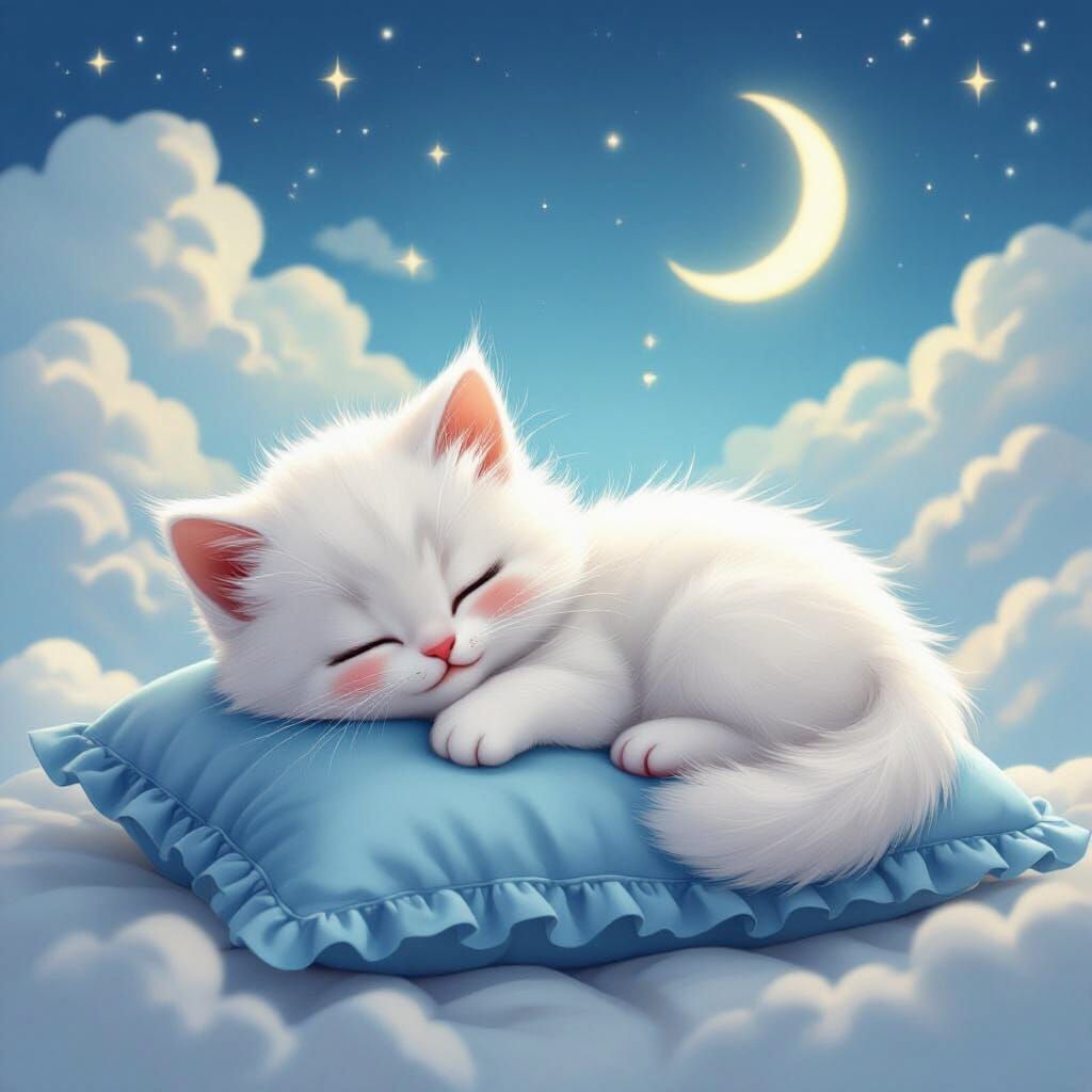 Fluffy Kitten Sleeping on Blue Pillow Under Starry Sky
