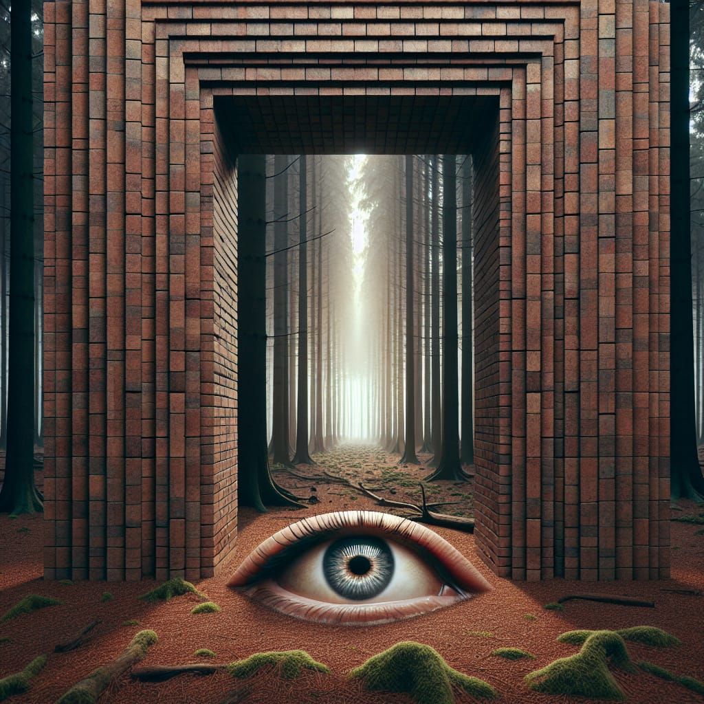 Surreal Eye in Forest Through Brick Archway