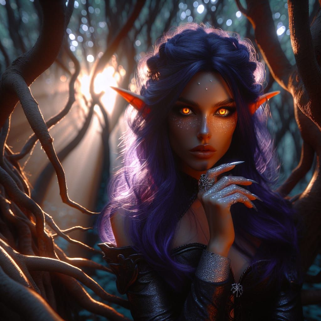 Ethereal Drow Woman in Mystical Forest Light