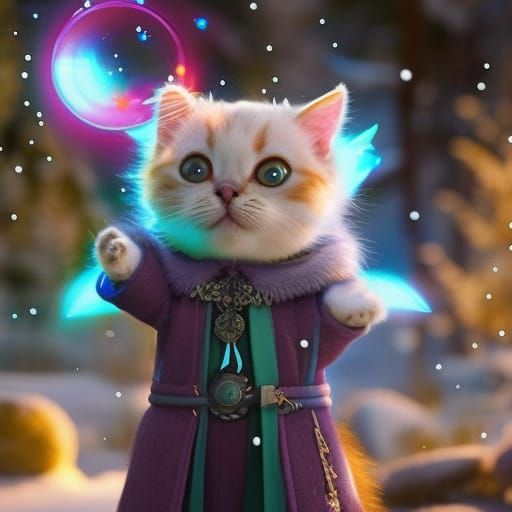 Cute Baby Cat Magician with Mystic Light