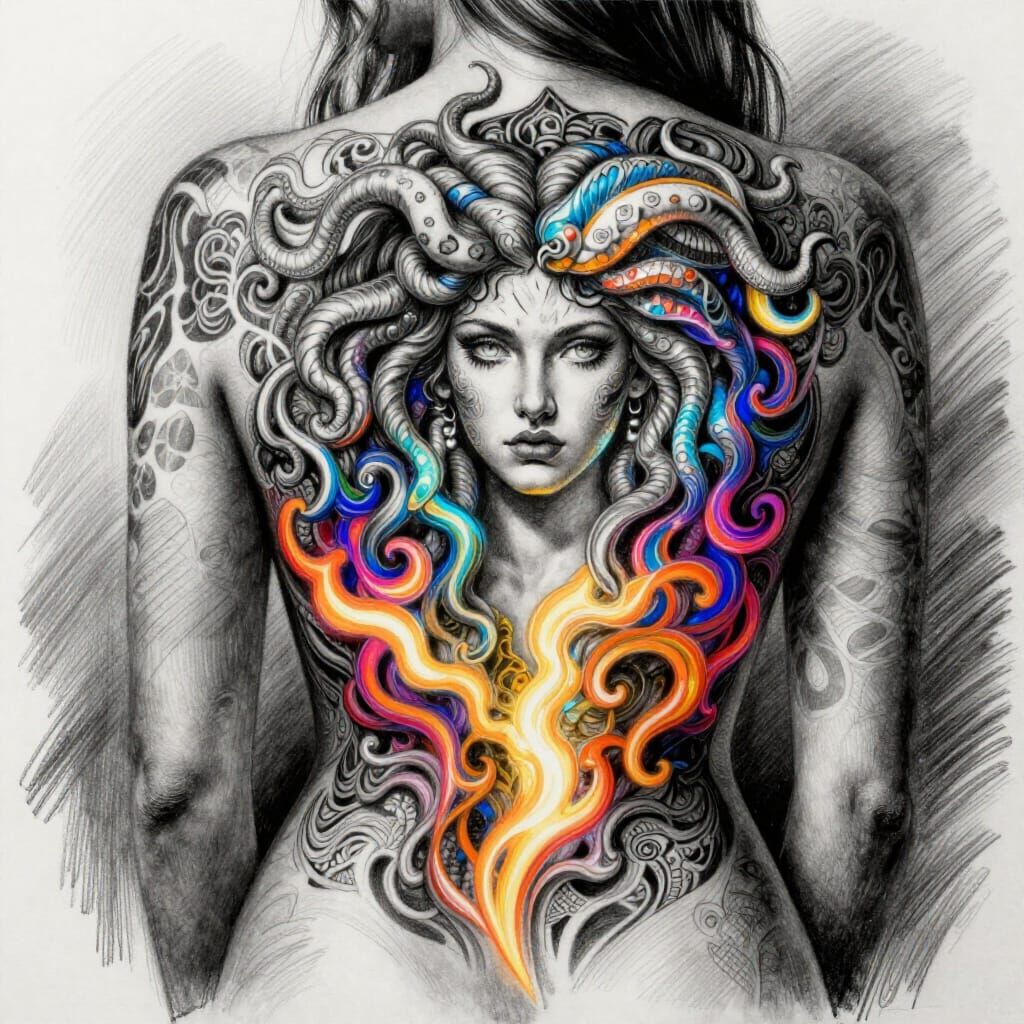 Glowing Medusa Tattoo on Woman's Back Charcoal Drawing