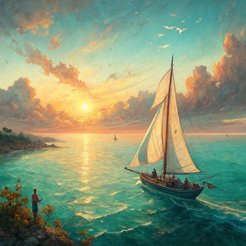 Impressionist Sailboat at Sunset on Turquoise Sea