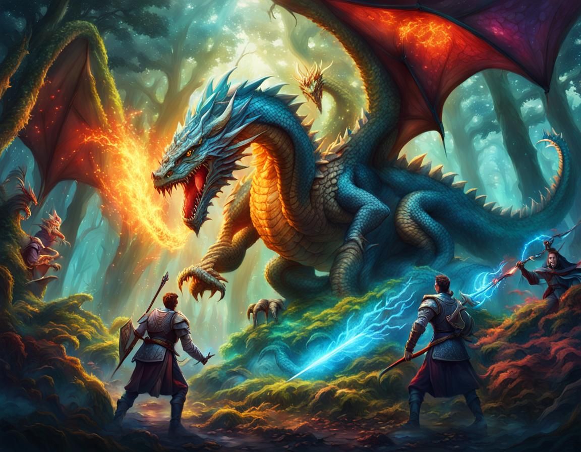 Fantasy Team Battles Dragon in Magical Forest