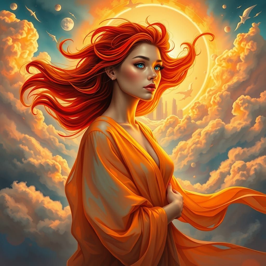 Ethereal Woman with Fiery Hair and Celestial Eyes