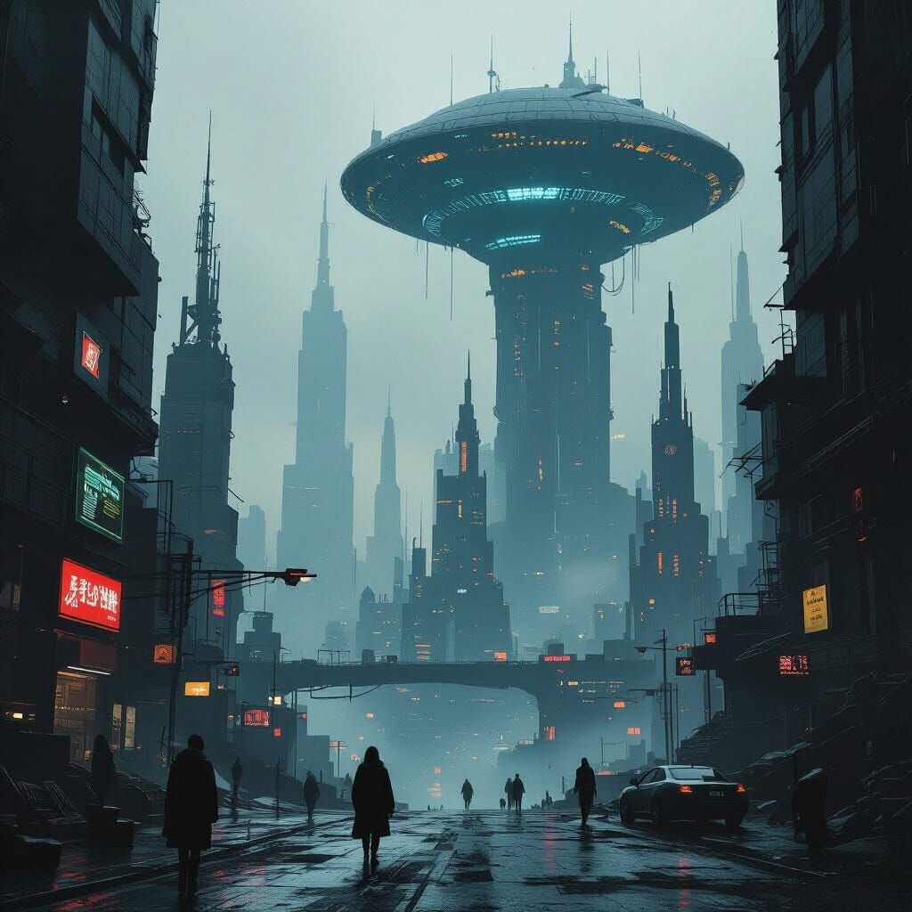 Dystopian Cityscape Inspired by Mead, Giger, Beksiński