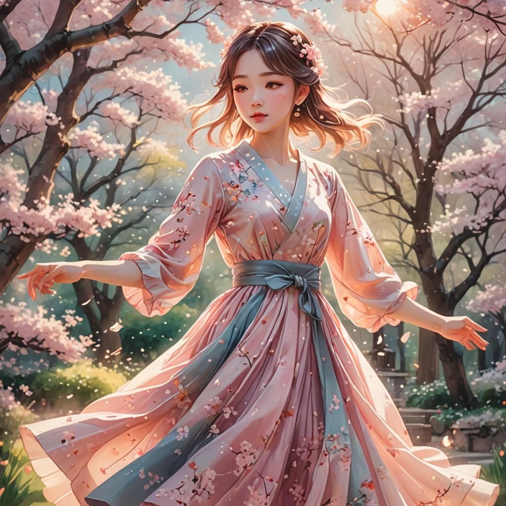 Anime Girl Dancing in Cherry Blossom Garden