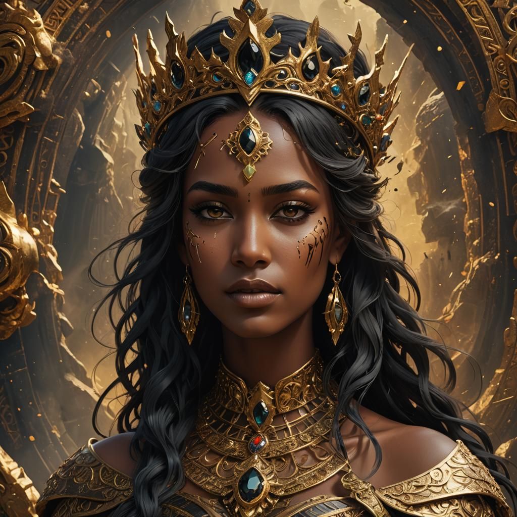 Goddess with Contrasting Skin Tones and Golden Crown