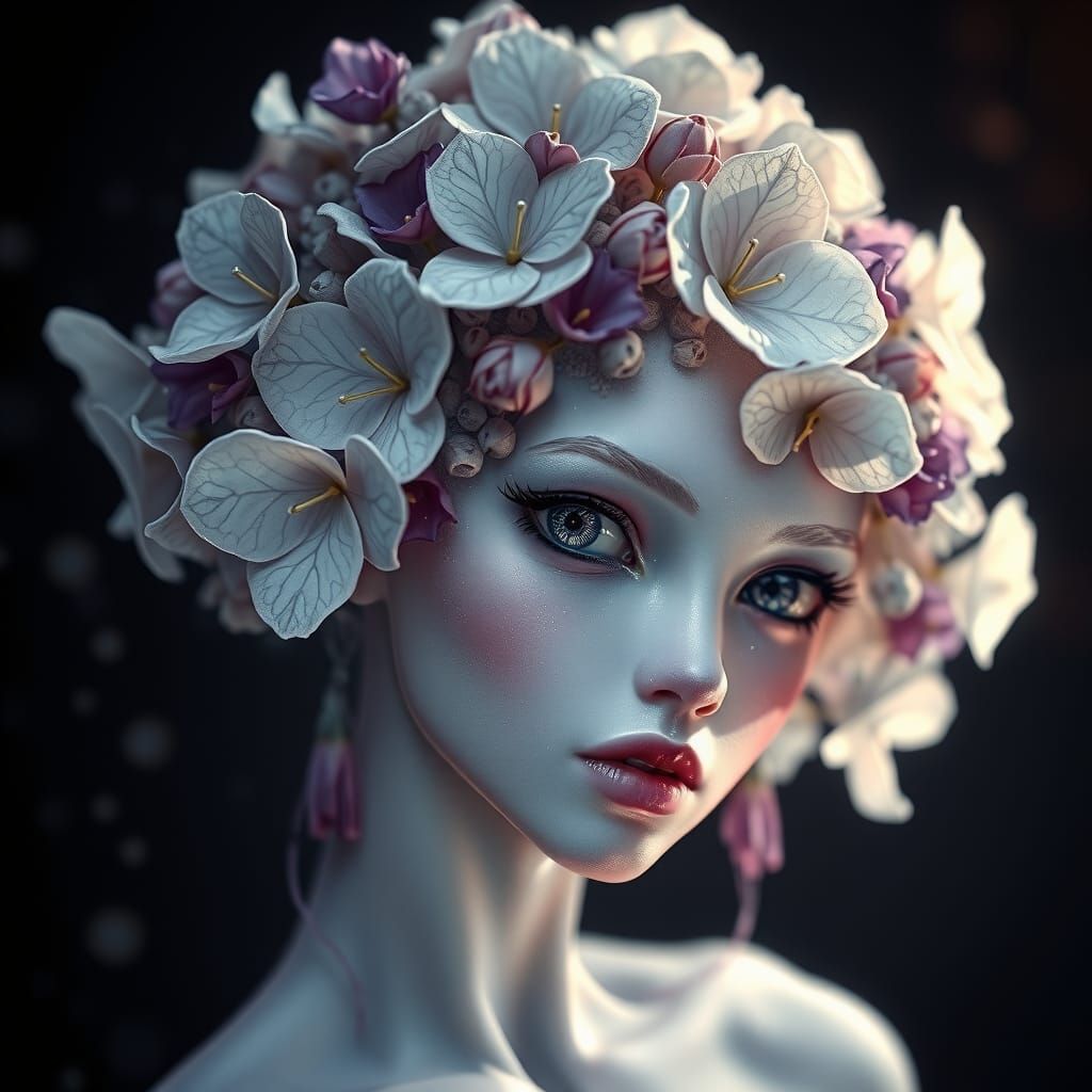 Andromorphic Violet Flower Figure in Surreal Fantasy Art