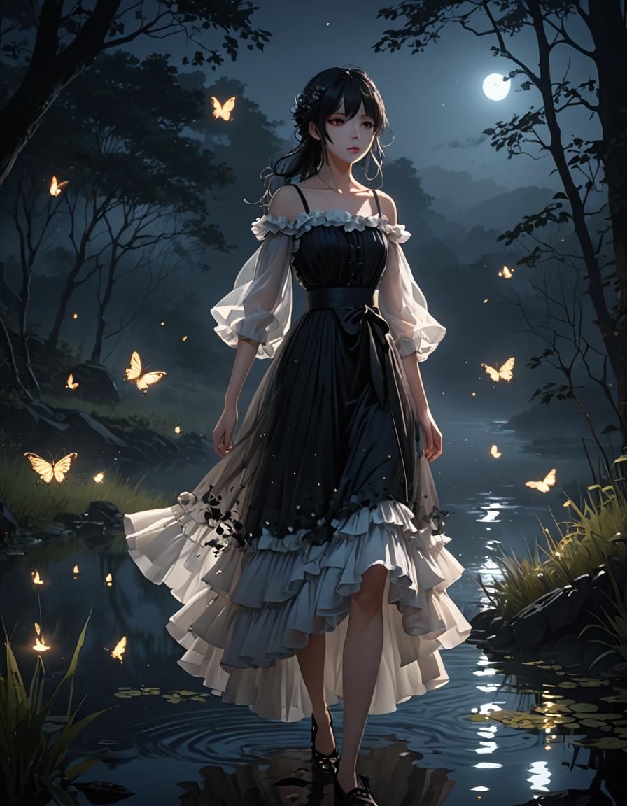 Anime Style: Glowing Dress in Eerie Night