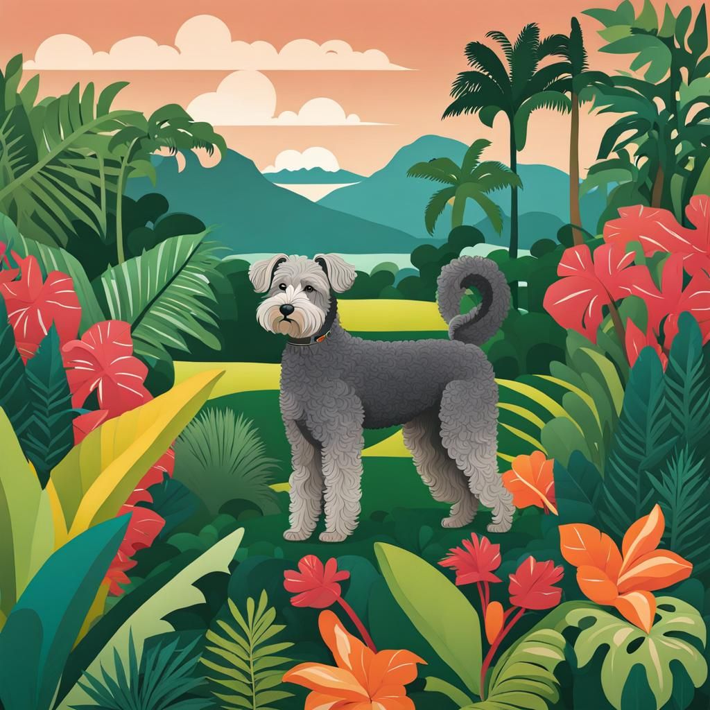 Pumi Dog in a Tropical Art Deco Garden