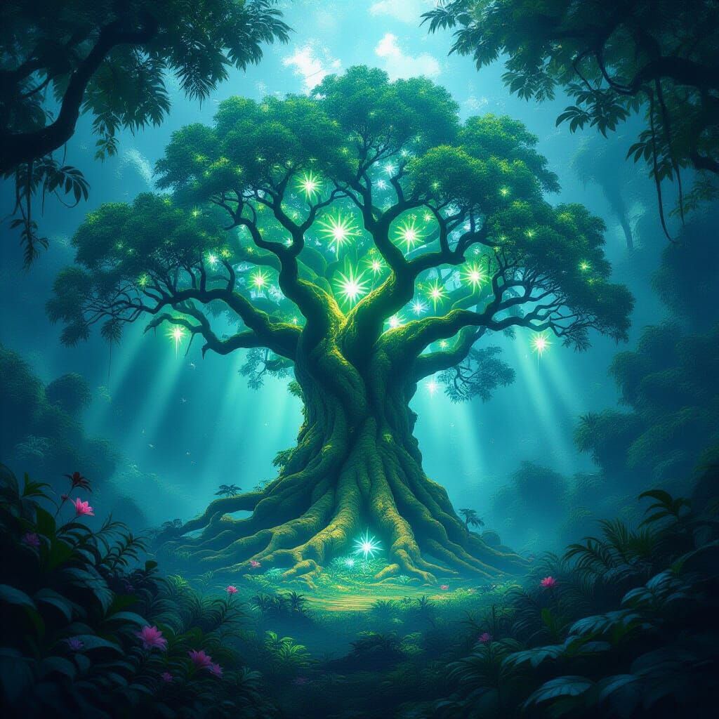 Majestic Bioluminescent Tree in Hidden Jungle Clearing