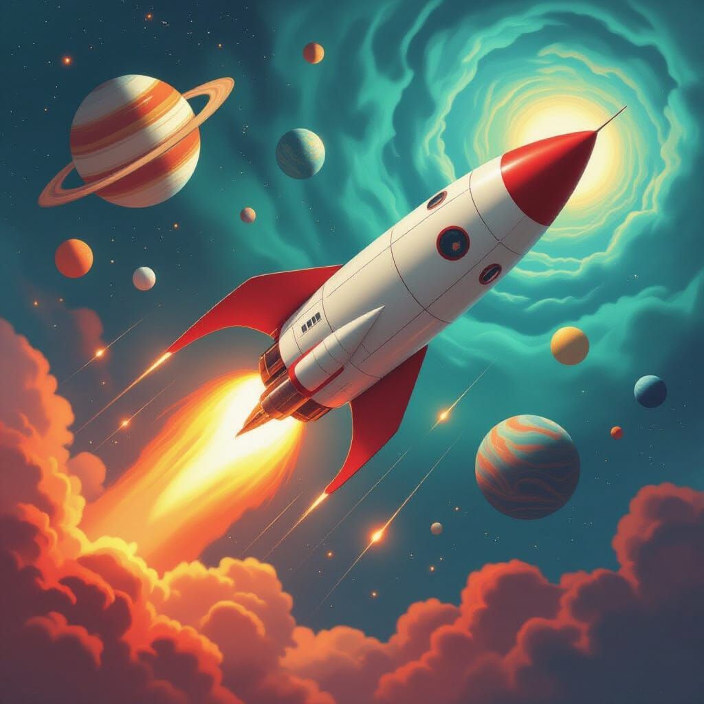 Retro Rocket Launch into Space Nebula, Impressionist Sci-Fi