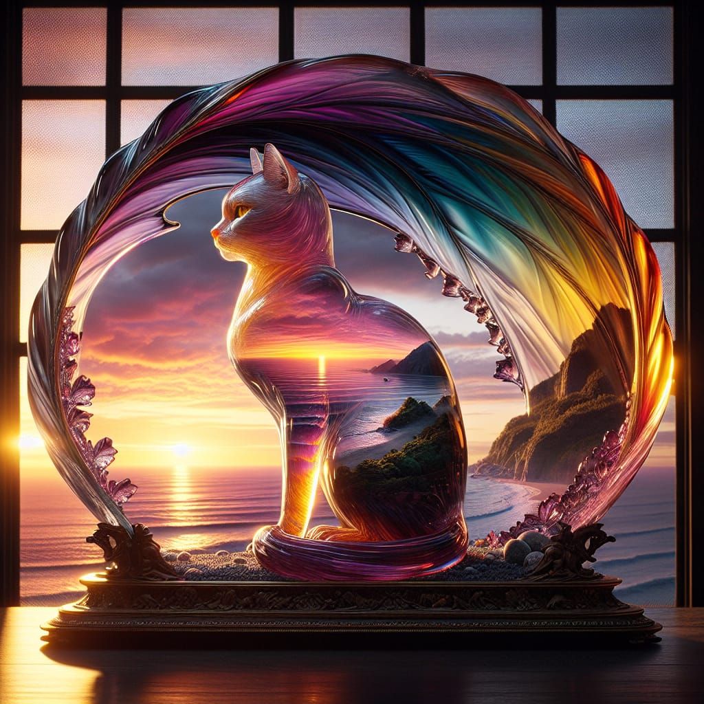 Glass Cat Statue with Landscape Interior
