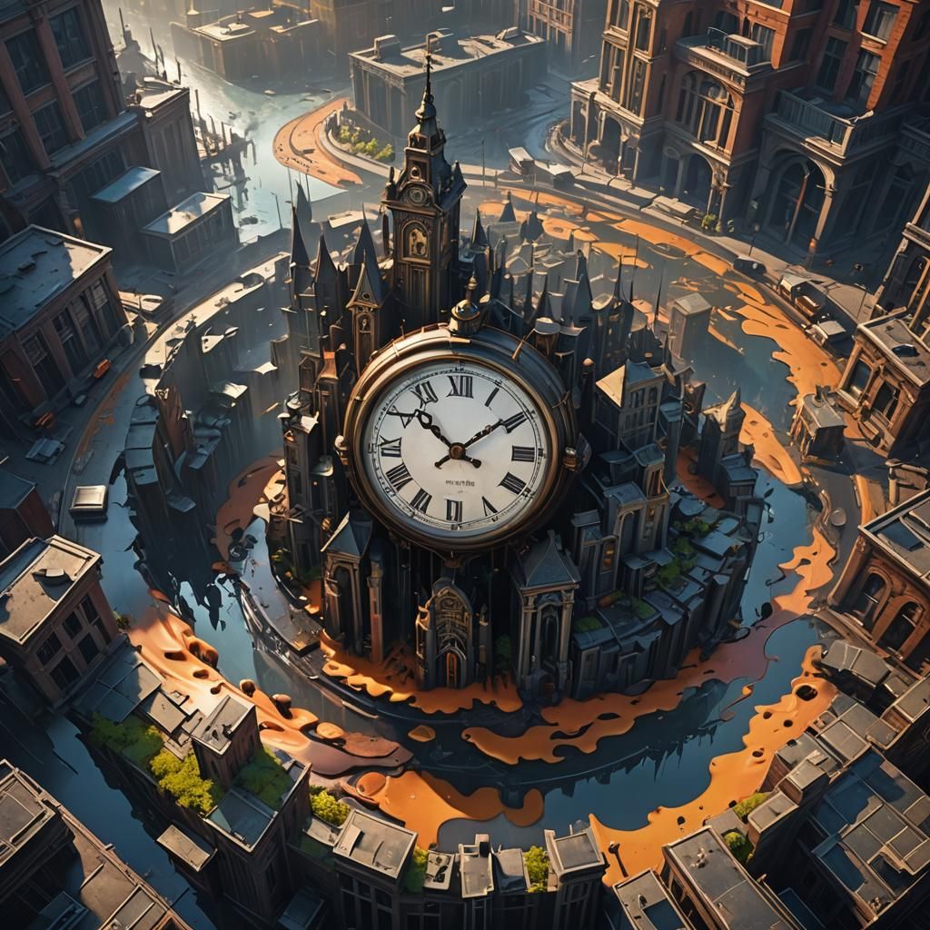 Melting Clock in Empty Cityscape: Surreal Concept Art