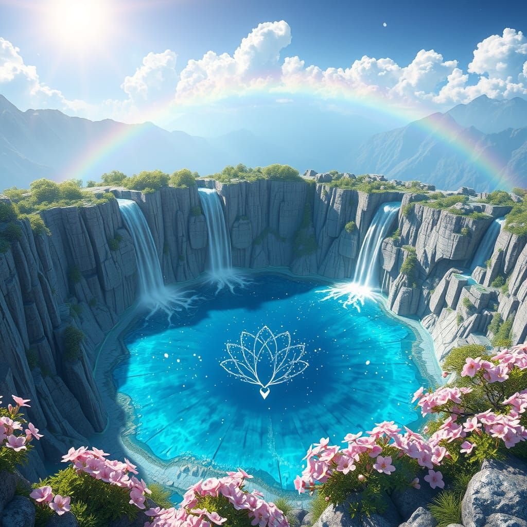 Mountaintop Sanctuary with Waterfalls in Anime Style