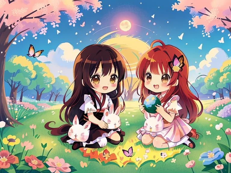 chibi @Sabaku_Neko and cute chibi @Rabbit-on-the-Moon playing together!
