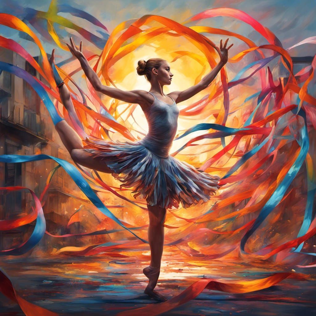 Ballerina Dancing with Ribbons at Sunrise in Graffiti Style