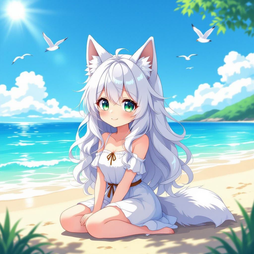 Chibi Anime Wolf Girl on Sunny Beach