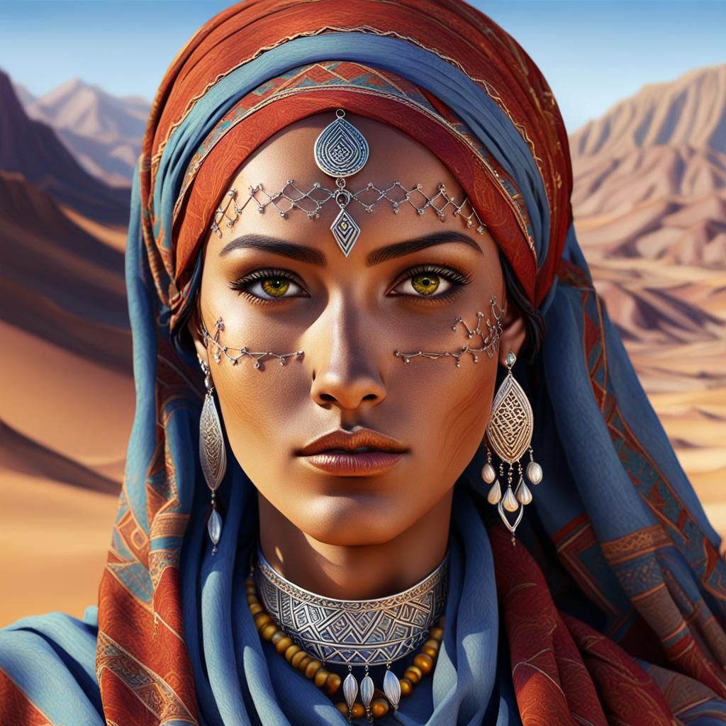 detailed portrait of an Amazigh girl, focusing on her striki...