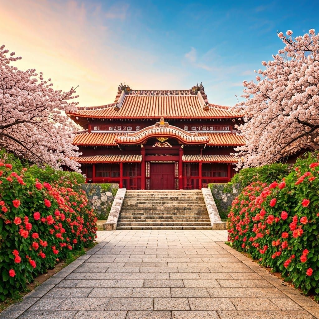 Shuri Castle's Serene Golden Hour with Cherry Blossoms and H...