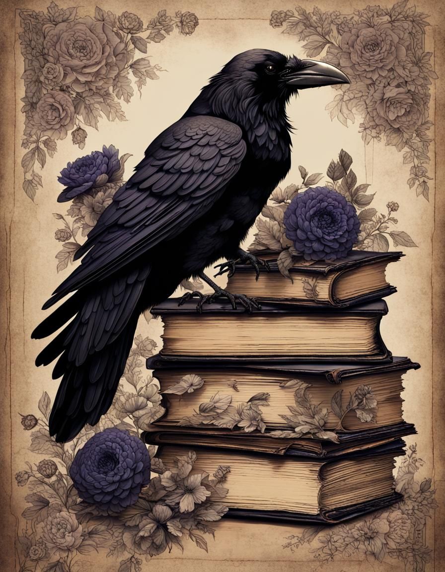 Raven in Dark Academia Setting with Flowers