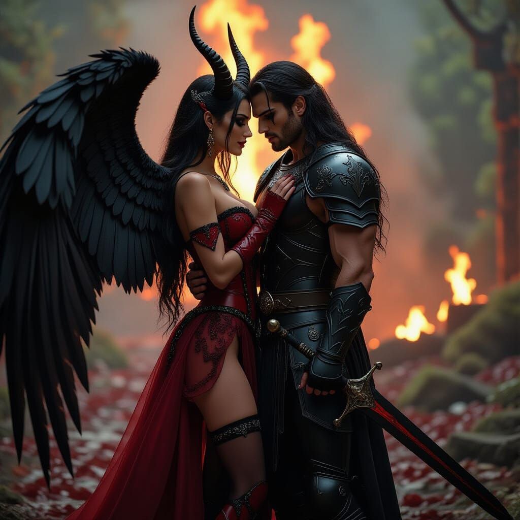 Goddess Embraces Warrior in Burning Garden of Eden