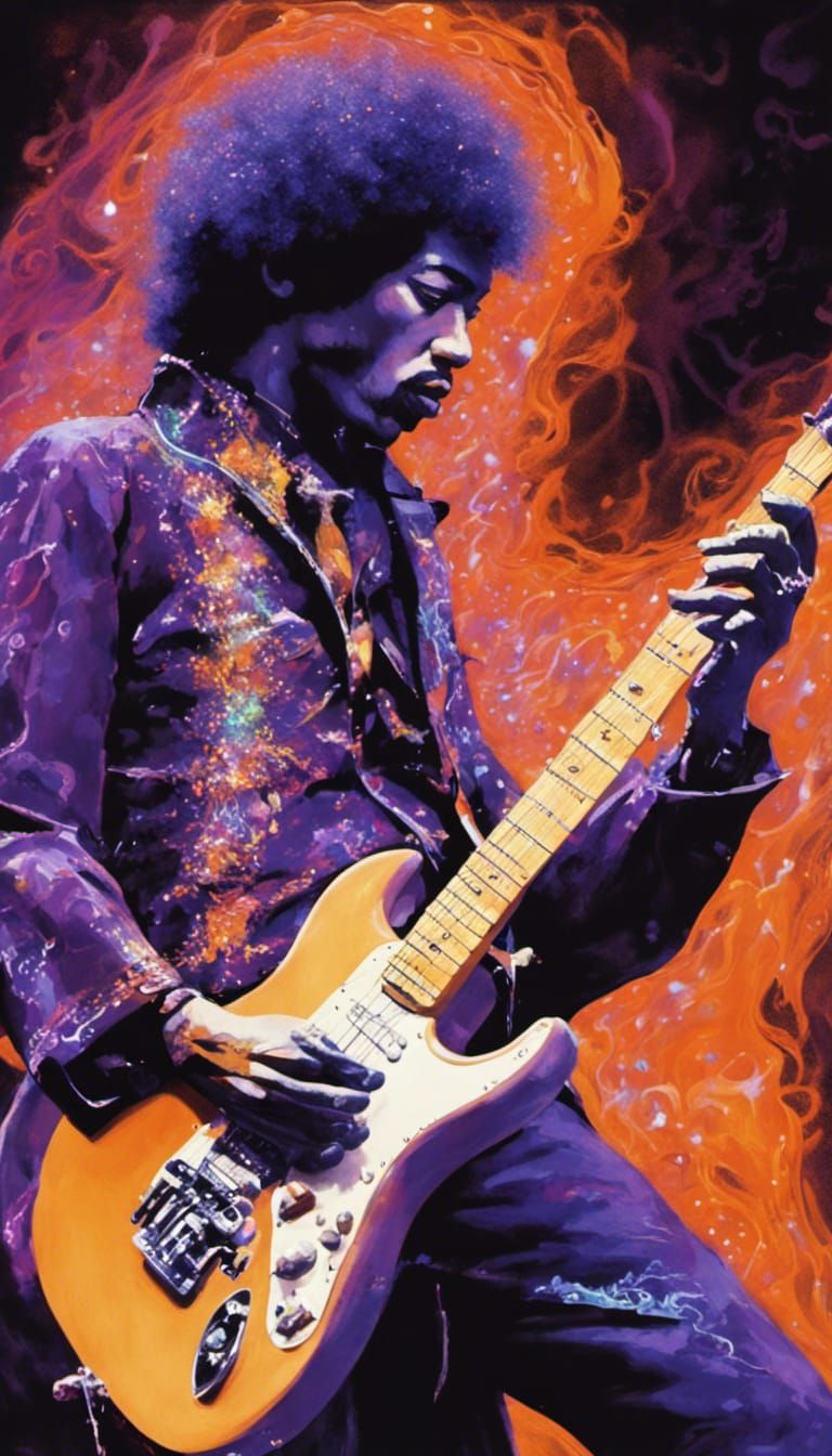 Jimi Hendrix on Stage in Luminous Rock Art Style