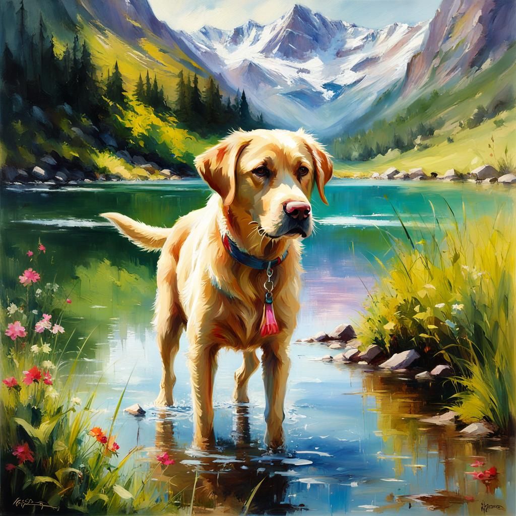 Labrador Retriever at Mountain Lake as Oil Painting