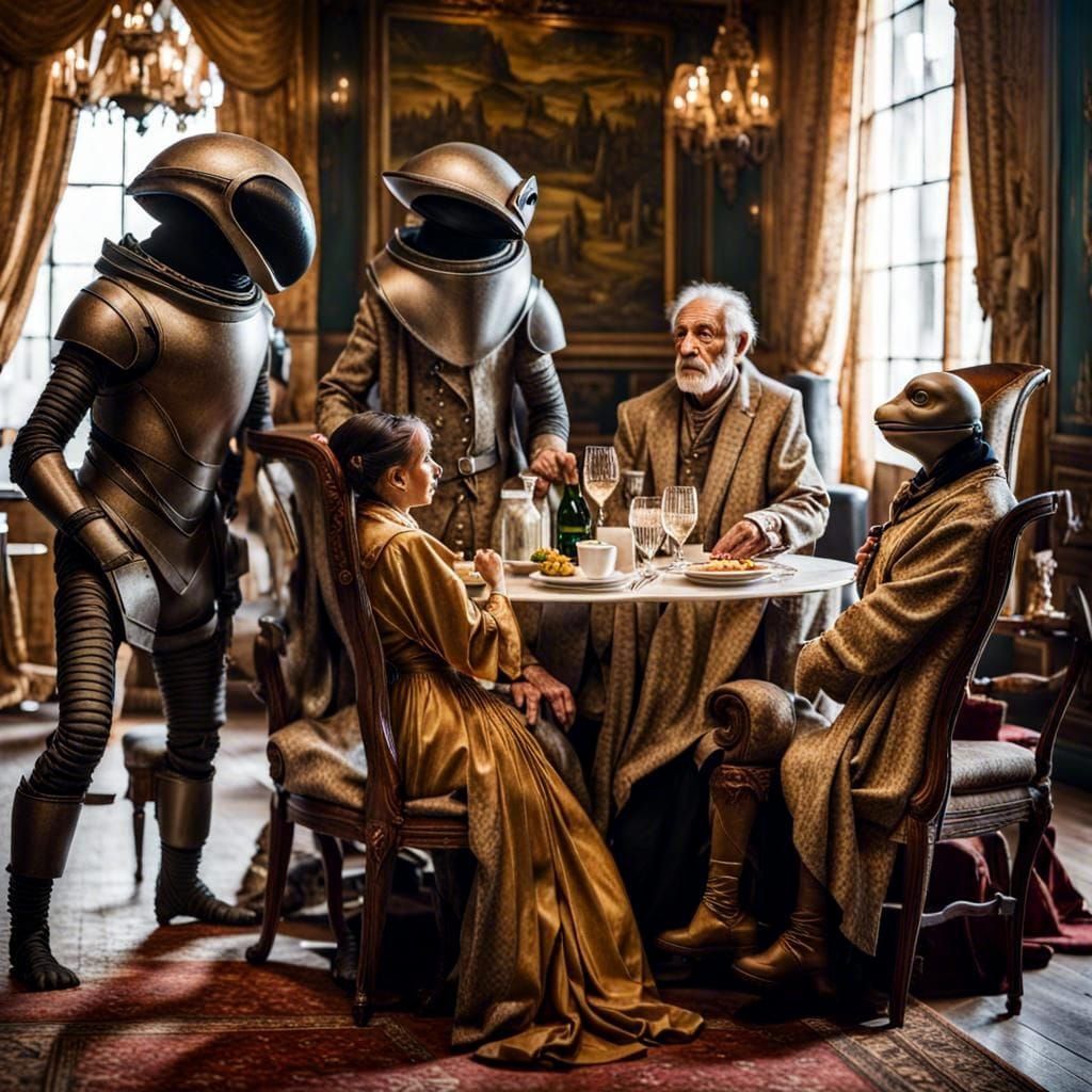 Surreal Restaurant Celebration with Exotic Aliens