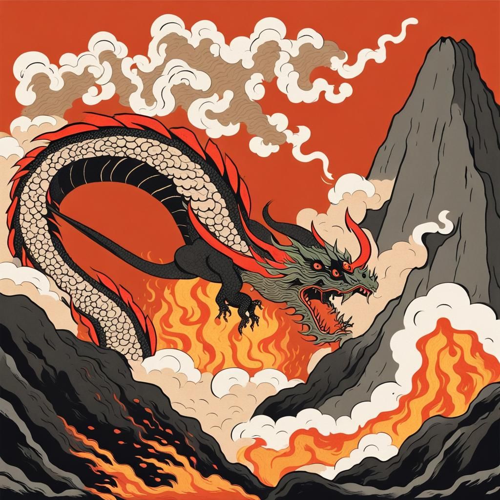 Ukiyo-e Dragon Emerges From Volcano