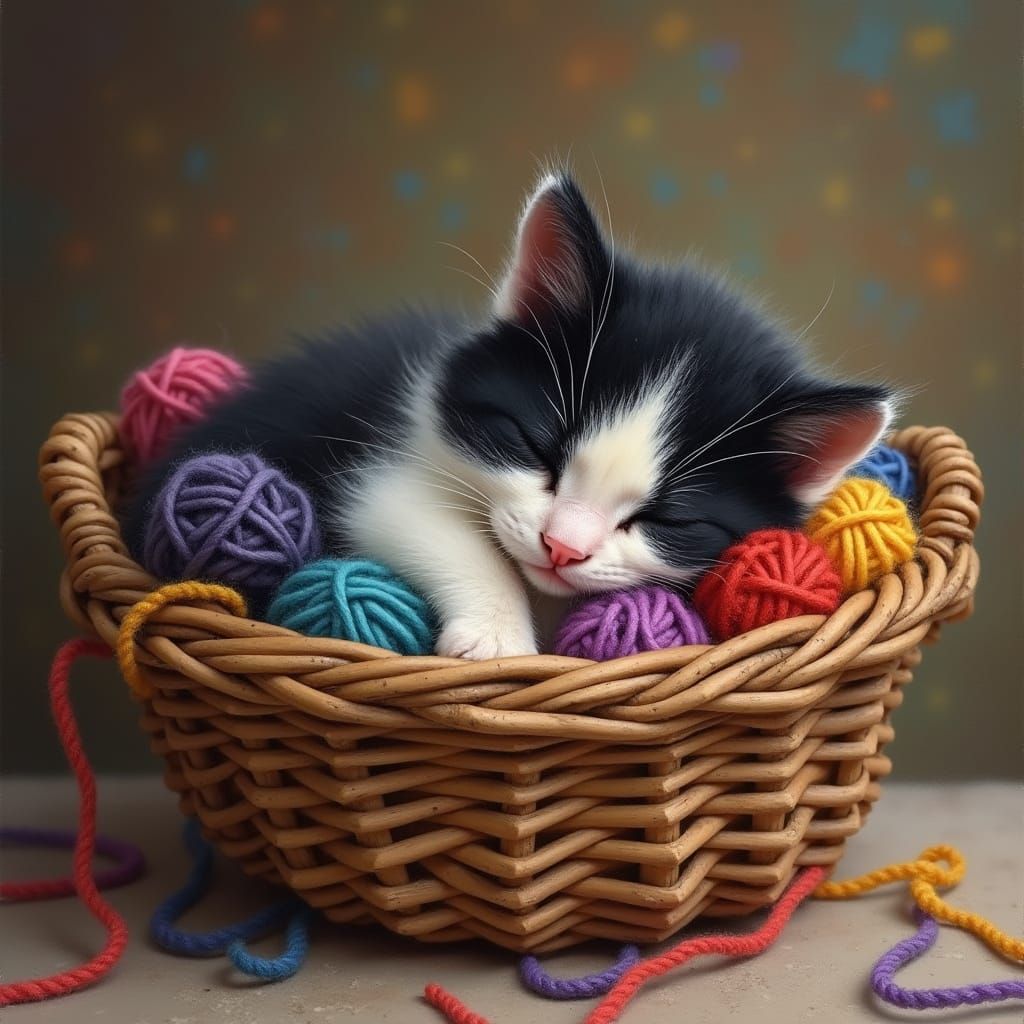 Fluffy Kitten Asleep in Yarn Basket, Whimsical Style