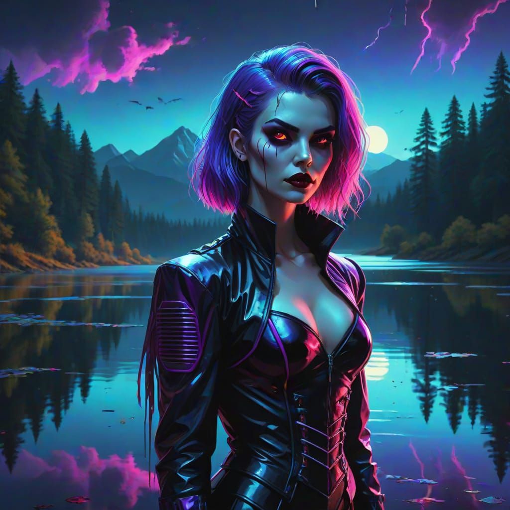 Synthwave Vampire Beside Moonlit Lake