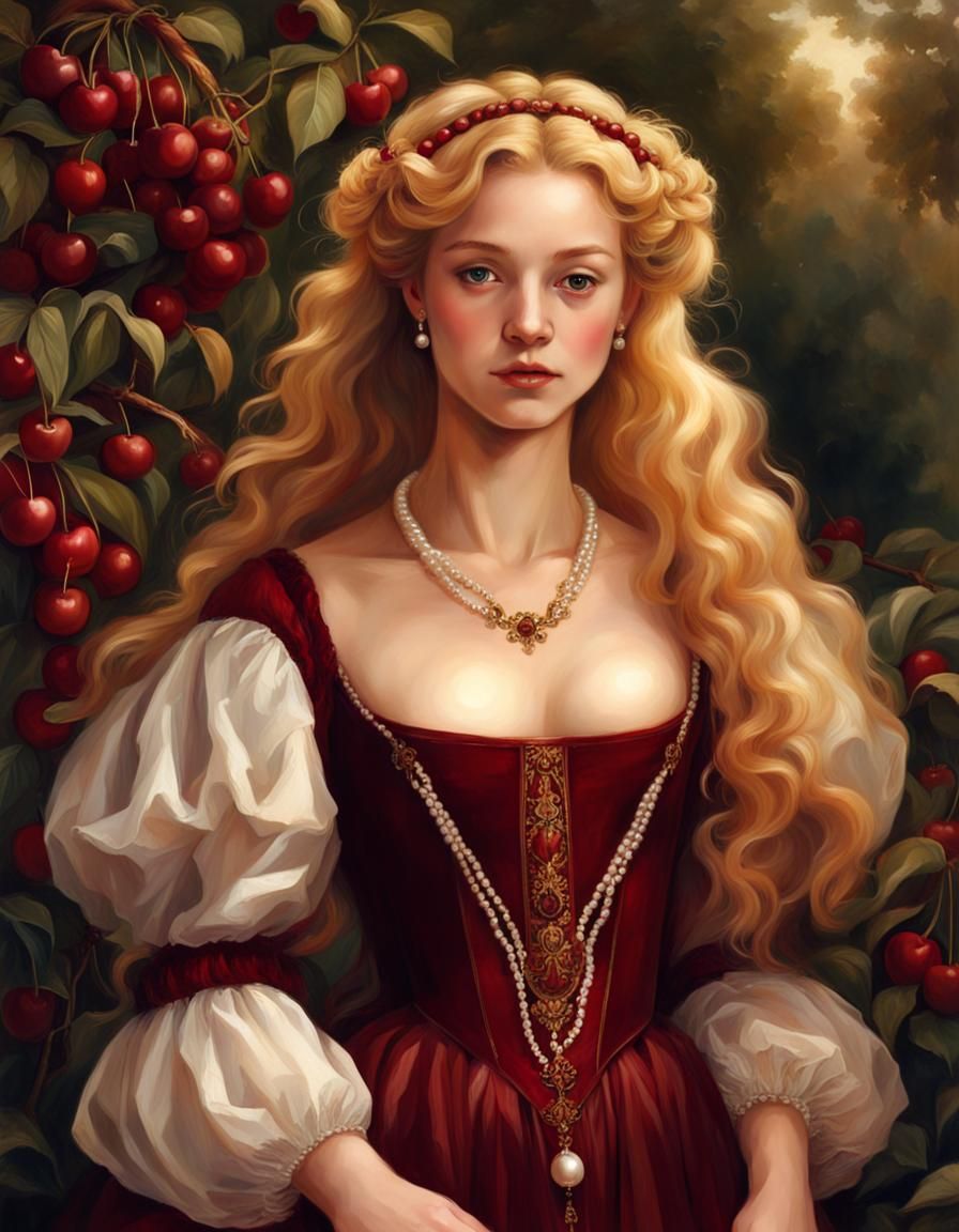Renaissance Girl in Cherry Garden Portrait