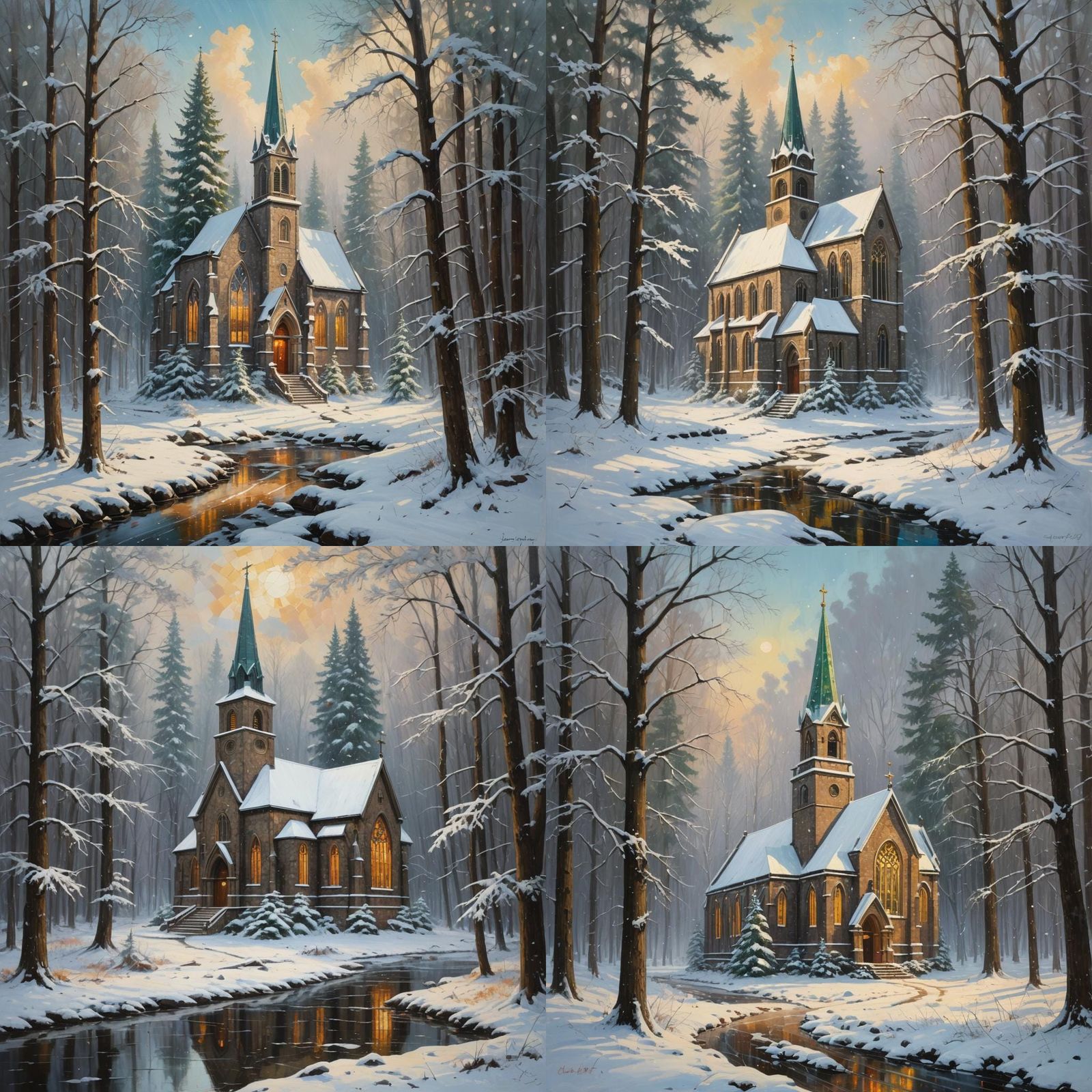 Snowy Forest Church with Stained Glass: Oil Painting